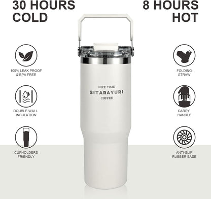 30 oz Insulated Tumbler with Handle and Flip Straw Lid - 100% Leak Proof Stainless Steel Water Bottle - Vacuum Sealed Travel Mug for Iced Coffee & Tea - Cupholder Friendly & BPA Free