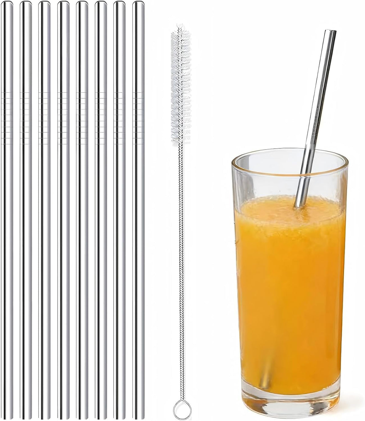 Stainless Steel Straws Metal Reusable Drinking Straw for Juice Iced Coffee Cold Beverage Water Highball Glasses 12/14/16/18oz Tumblers Mugs Cups, 0.24" Wide 8.5" Long, Set of 8 with Brush, Silver