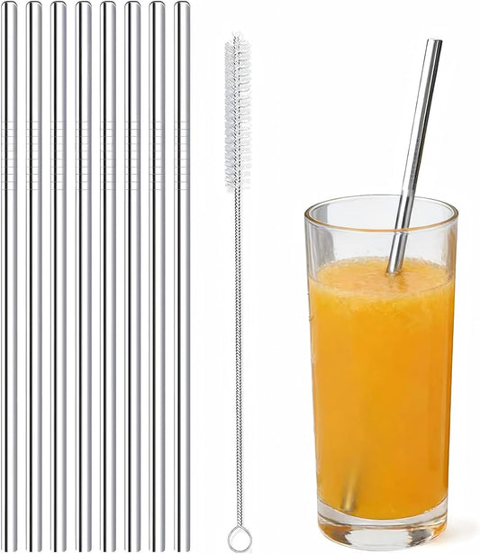 Stainless Steel Straws Metal Reusable Drinking Straw for Juice Iced Coffee Cold Beverage Water Highball Glasses 12/14/16/18oz Tumblers Mugs Cups, 0.24" Wide 8.5" Long, Set of 8 with Brush, Silver