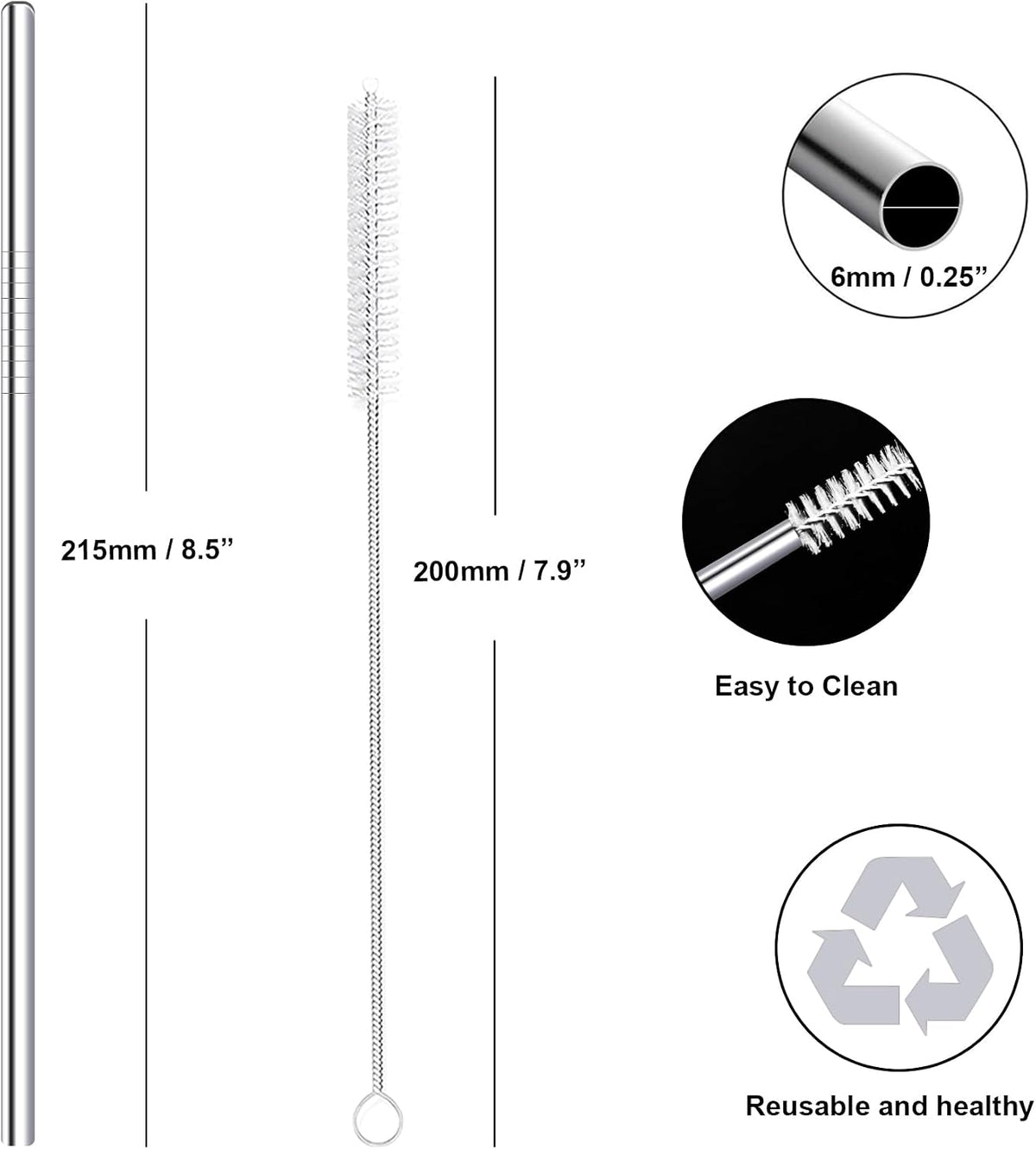 Stainless Steel Straws Metal Reusable Drinking Straw for Juice Iced Coffee Cold Beverage Water Highball Glasses 12/14/16/18oz Tumblers Mugs Cups, 0.24" Wide 8.5" Long, Set of 8 with Brush, Silver