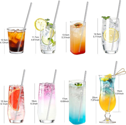 Stainless Steel Straws Metal Reusable Drinking Straw for Juice Iced Coffee Cold Beverage Water Highball Glasses 12/14/16/18oz Tumblers Mugs Cups, 0.24" Wide 8.5" Long, Set of 8 with Brush, Silver