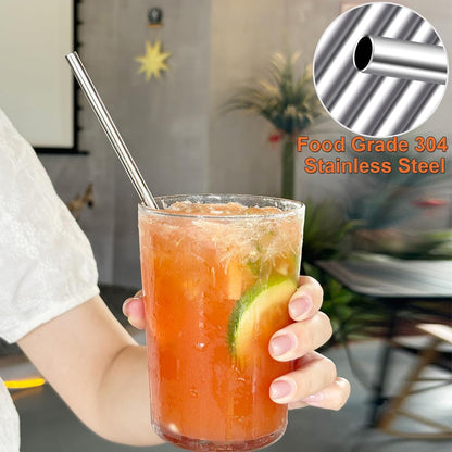 Stainless Steel Straws Metal Reusable Drinking Straw for Juice Iced Coffee Cold Beverage Water Highball Glasses 12/14/16/18oz Tumblers Mugs Cups, 0.24" Wide 8.5" Long, Set of 8 with Brush, Silver