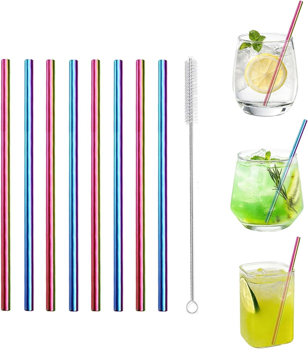 Stainless Steel Straws Metal Reusable Drinking Straw for Juice Iced Coffee Cold Beverage Water Highball Glasses 12/14/16/18oz Tumblers Mugs Cups, 0.24" Wide 8.5" Long, Set of 8 with Brush, Silver
