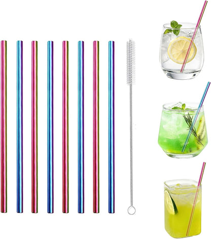 Stainless Steel Straws Metal Reusable Drinking Straw for Juice Iced Coffee Cold Beverage Water Highball Glasses 12/14/16/18oz Tumblers Mugs Cups, 0.24" Wide 8.5" Long, Set of 8 with Brush, Silver