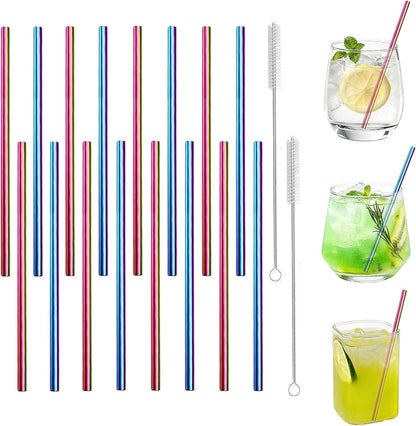 Stainless Steel Straws Metal Reusable Drinking Straw for Juice Iced Coffee Cold Beverage Water Highball Glasses 12/14/16/18oz Tumblers Mugs Cups, 0.24" Wide 8.5" Long, Set of 8 with Brush, Silver