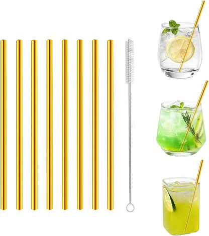 Stainless Steel Straws Metal Reusable Drinking Straw for Juice Iced Coffee Cold Beverage Water Highball Glasses 12/14/16/18oz Tumblers Mugs Cups, 0.24" Wide 8.5" Long, Set of 8 with Brush, Silver