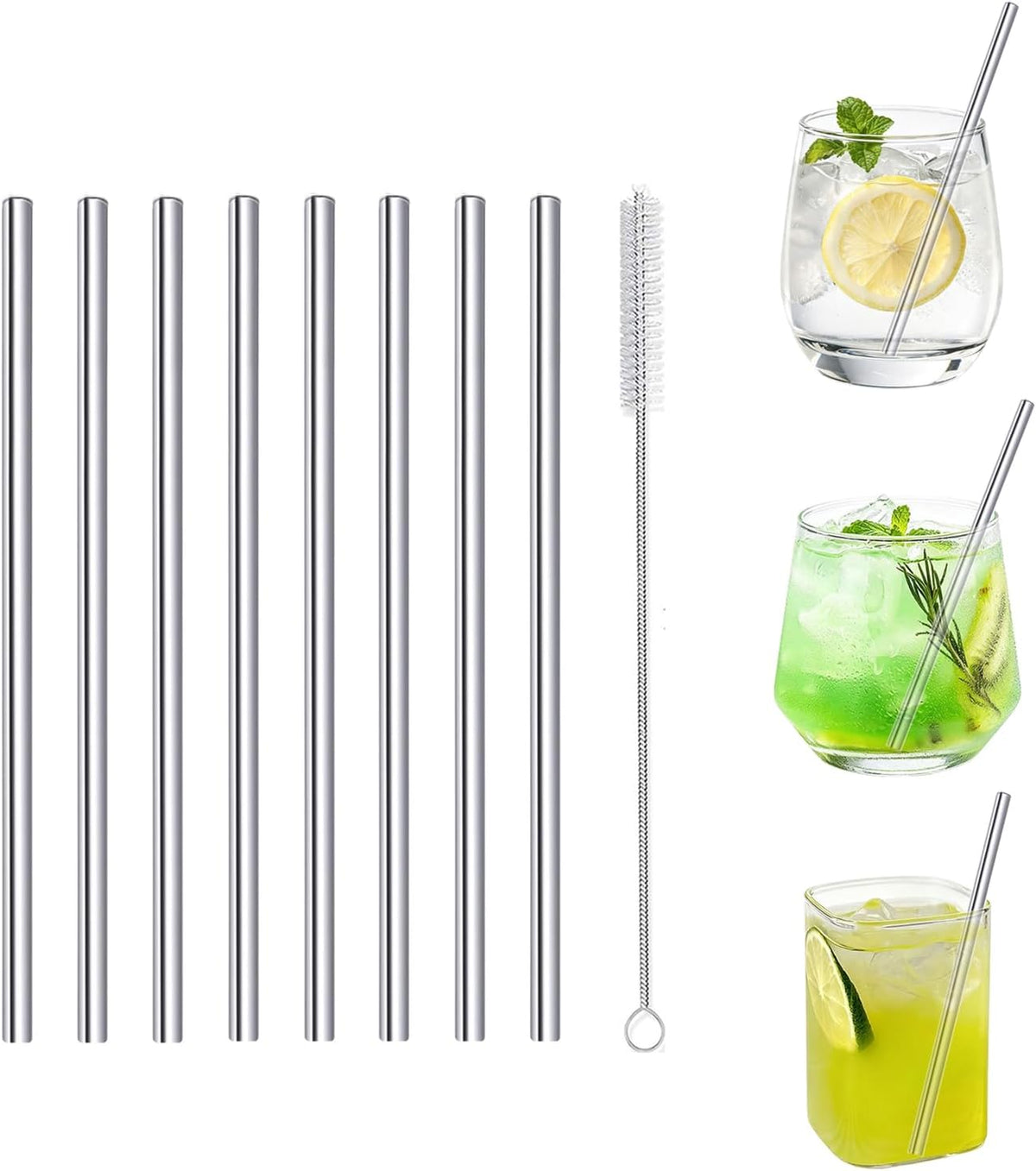Stainless Steel Straws Metal Reusable Drinking Straw for Juice Iced Coffee Cold Beverage Water Highball Glasses 12/14/16/18oz Tumblers Mugs Cups, 0.24" Wide 8.5" Long, Set of 8 with Brush, Silver