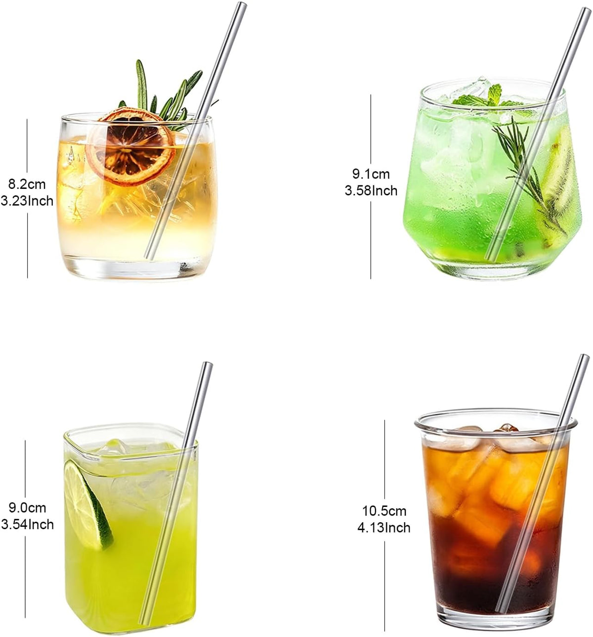 Stainless Steel Straws Metal Reusable Drinking Straw for Juice Iced Coffee Cold Beverage Water Highball Glasses 12/14/16/18oz Tumblers Mugs Cups, 0.24" Wide 8.5" Long, Set of 8 with Brush, Silver