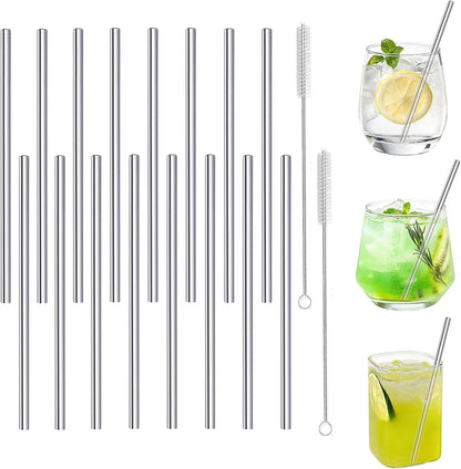 Stainless Steel Straws Metal Reusable Drinking Straw for Juice Iced Coffee Cold Beverage Water Highball Glasses 12/14/16/18oz Tumblers Mugs Cups, 0.24" Wide 8.5" Long, Set of 8 with Brush, Silver