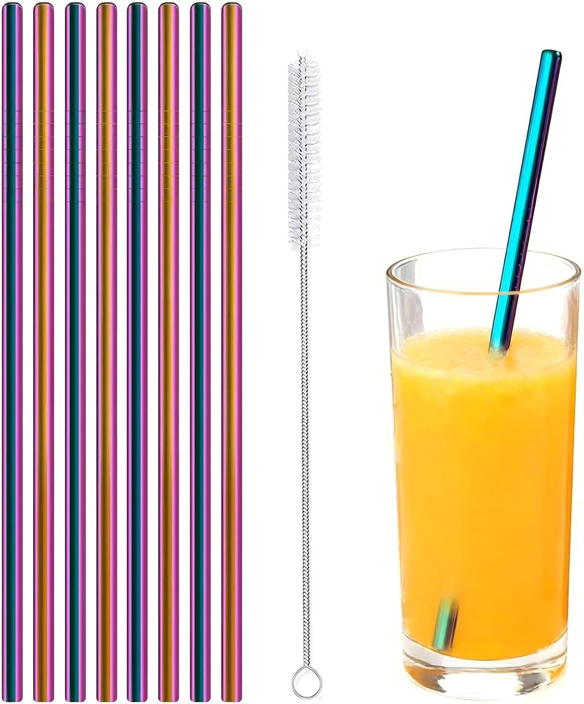 Stainless Steel Straws Metal Reusable Drinking Straw for Juice Iced Coffee Cold Beverage Water Highball Glasses 12/14/16/18oz Tumblers Mugs Cups, 0.24" Wide 8.5" Long, Set of 8 with Brush, Silver