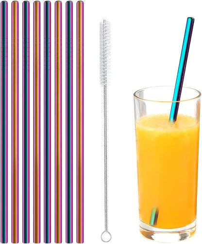 Stainless Steel Straws Metal Reusable Drinking Straw for Juice Iced Coffee Cold Beverage Water Highball Glasses 12/14/16/18oz Tumblers Mugs Cups, 0.24" Wide 8.5" Long, Set of 8 with Brush, Silver