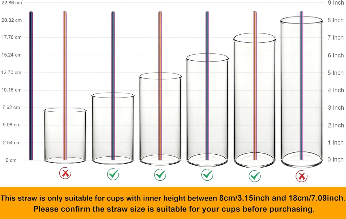 Stainless Steel Straws Metal Reusable Drinking Straw for Juice Iced Coffee Cold Beverage Water Highball Glasses 12/14/16/18oz Tumblers Mugs Cups, 0.24" Wide 8.5" Long, Set of 8 with Brush, Silver