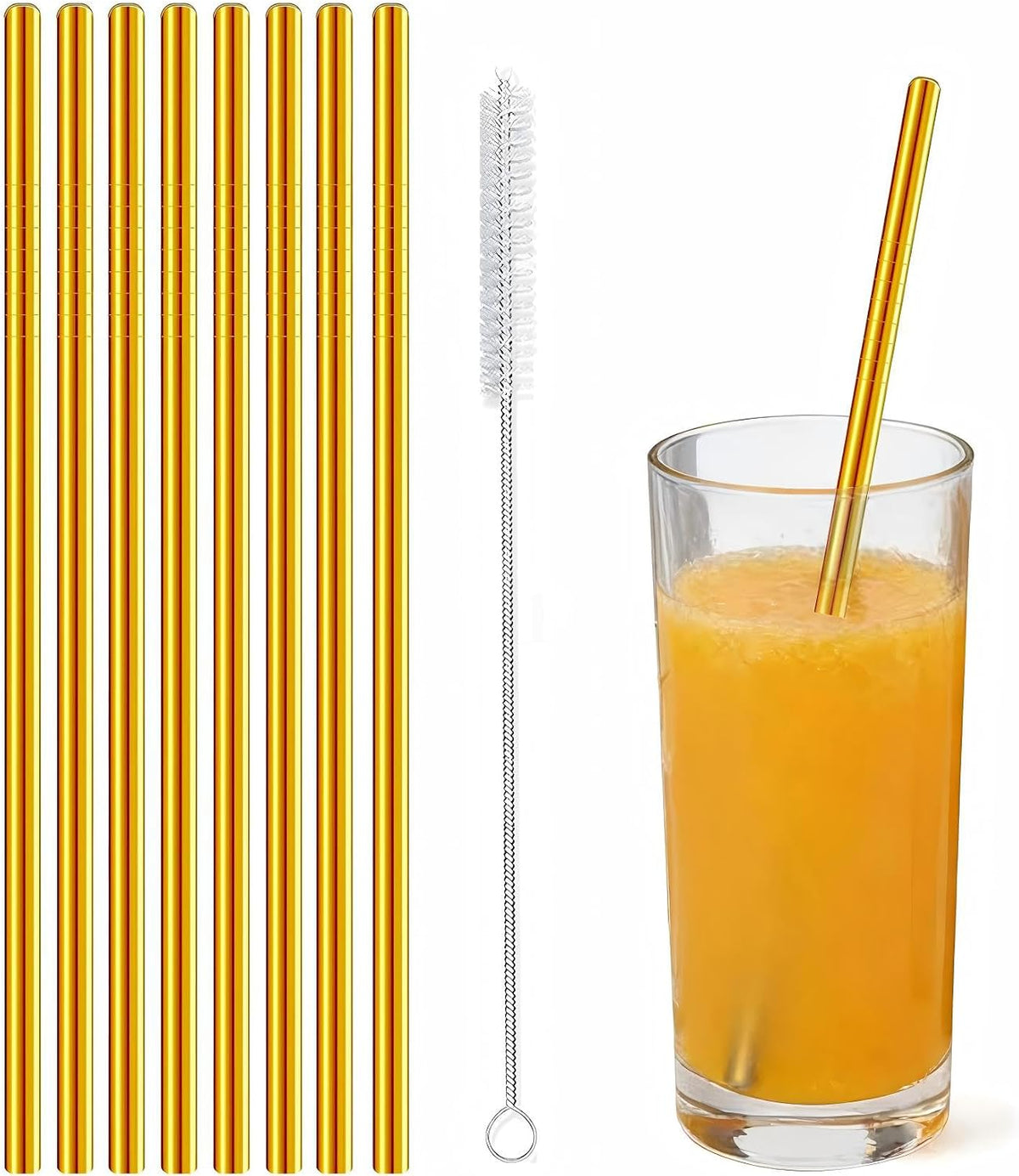 Stainless Steel Straws Metal Reusable Drinking Straw for Juice Iced Coffee Cold Beverage Water Highball Glasses 12/14/16/18oz Tumblers Mugs Cups, 0.24" Wide 8.5" Long, Set of 8 with Brush, Silver