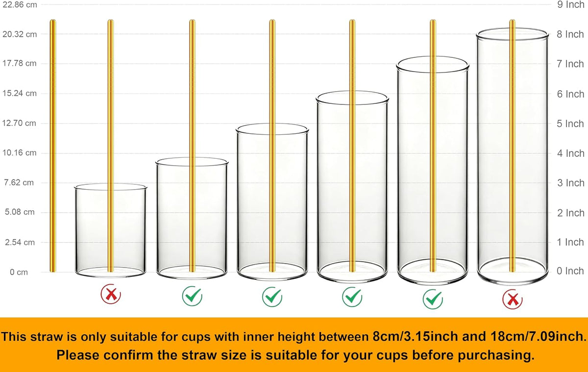 Stainless Steel Straws Metal Reusable Drinking Straw for Juice Iced Coffee Cold Beverage Water Highball Glasses 12/14/16/18oz Tumblers Mugs Cups, 0.24" Wide 8.5" Long, Set of 8 with Brush, Silver