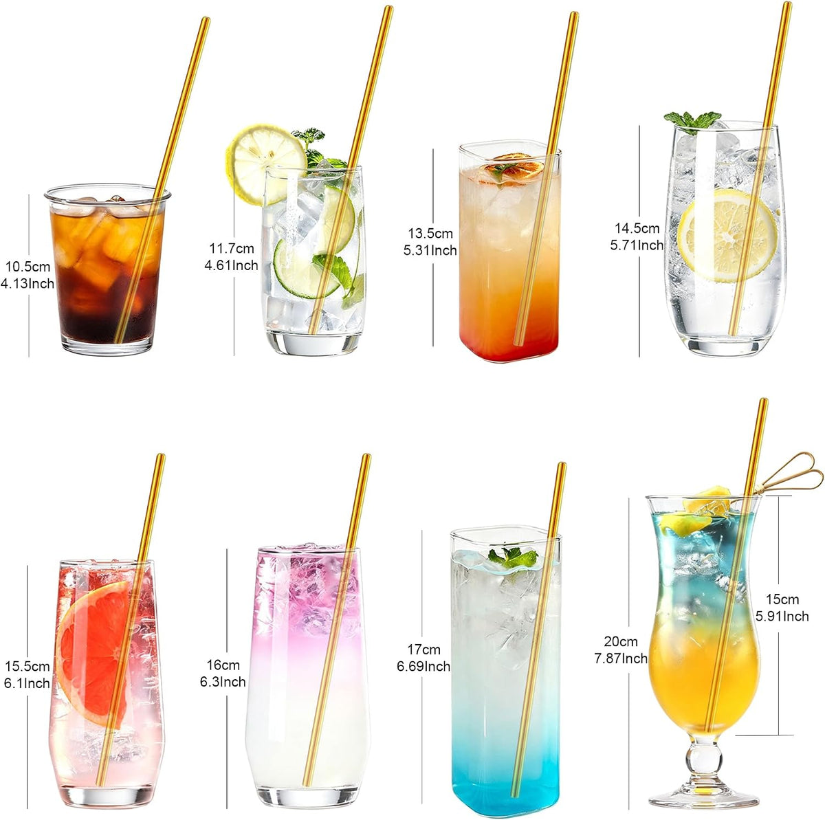 Stainless Steel Straws Metal Reusable Drinking Straw for Juice Iced Coffee Cold Beverage Water Highball Glasses 12/14/16/18oz Tumblers Mugs Cups, 0.24" Wide 8.5" Long, Set of 8 with Brush, Silver
