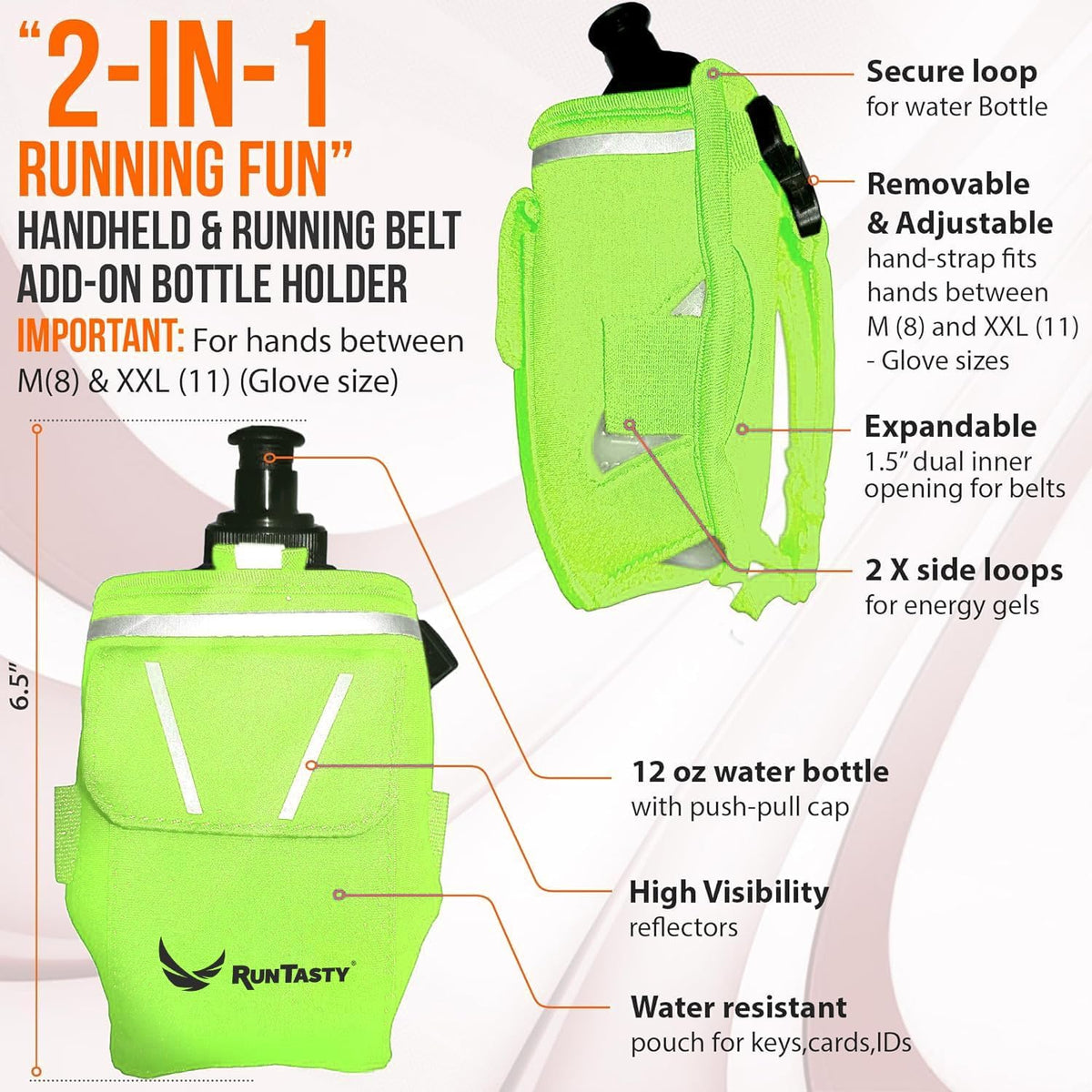 2-in-1 Running Fun: Handheld 12 Oz Water Bottle & Running Belt Add-On. No-Grip Design Straps on Hand & Slides on Belt. Waterproof Pocket for Money, Keys. Maximize Time, Freedom & Health