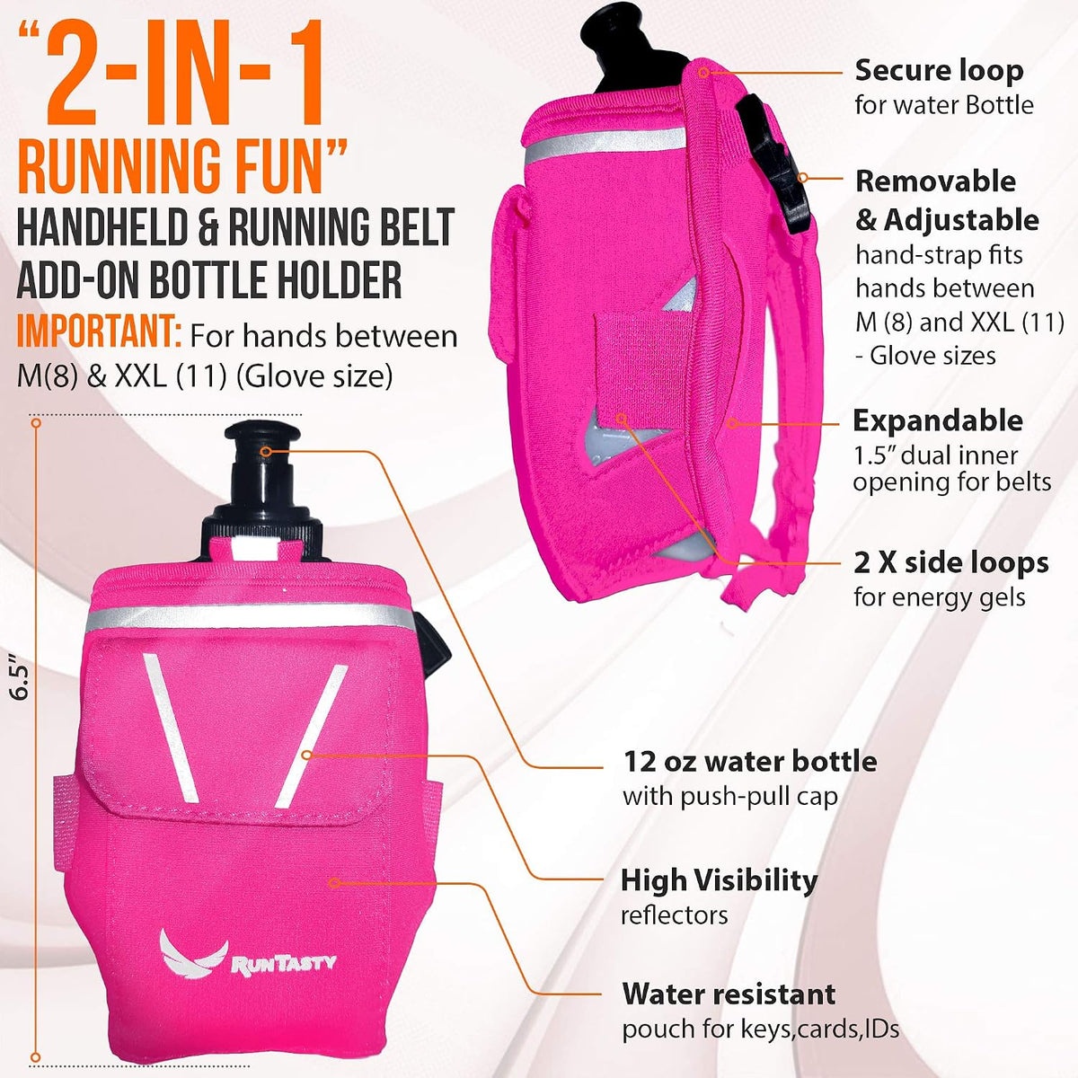 2-in-1 Running Fun: Handheld 12 Oz Water Bottle & Running Belt Add-On. No-Grip Design Straps on Hand & Slides on Belt. Waterproof Pocket for Money, Keys. Maximize Time, Freedom & Health