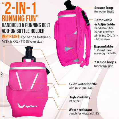 2-in-1 Running Fun: Handheld 12 Oz Water Bottle & Running Belt Add-On. No-Grip Design Straps on Hand & Slides on Belt. Waterproof Pocket for Money, Keys. Maximize Time, Freedom & Health