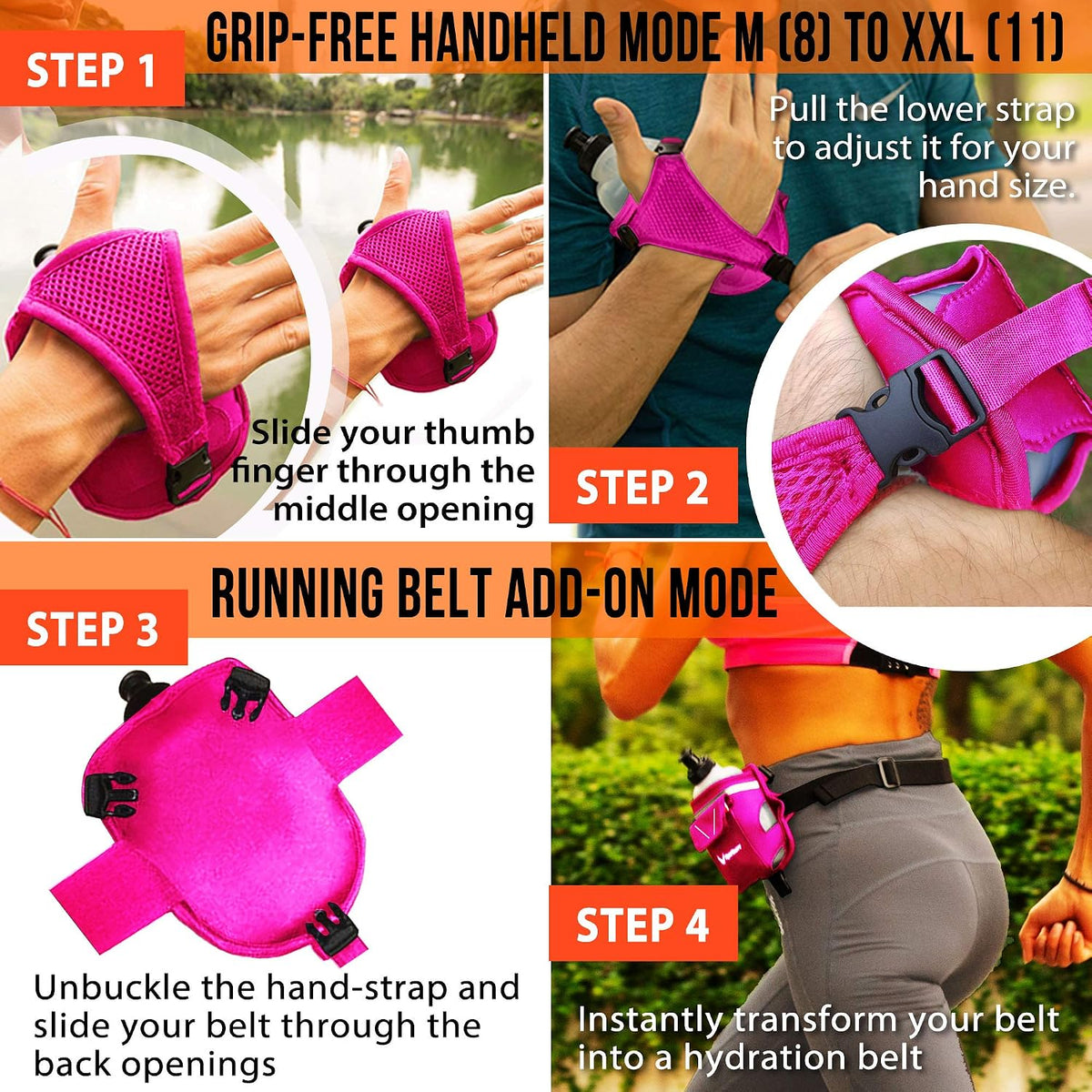 2-in-1 Running Fun: Handheld 12 Oz Water Bottle & Running Belt Add-On. No-Grip Design Straps on Hand & Slides on Belt. Waterproof Pocket for Money, Keys. Maximize Time, Freedom & Health