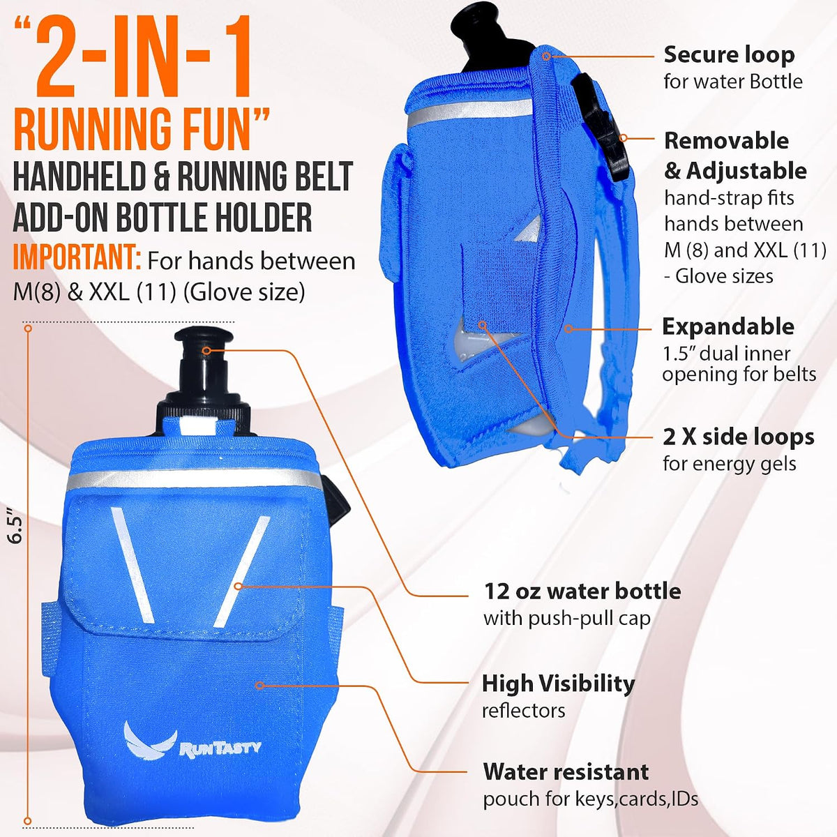 2-in-1 Running Fun: Handheld 12 Oz Water Bottle & Running Belt Add-On. No-Grip Design Straps on Hand & Slides on Belt. Waterproof Pocket for Money, Keys. Maximize Time, Freedom & Health