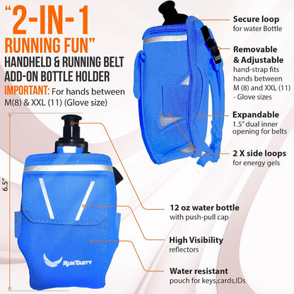 2-in-1 Running Fun: Handheld 12 Oz Water Bottle & Running Belt Add-On. No-Grip Design Straps on Hand & Slides on Belt. Waterproof Pocket for Money, Keys. Maximize Time, Freedom & Health