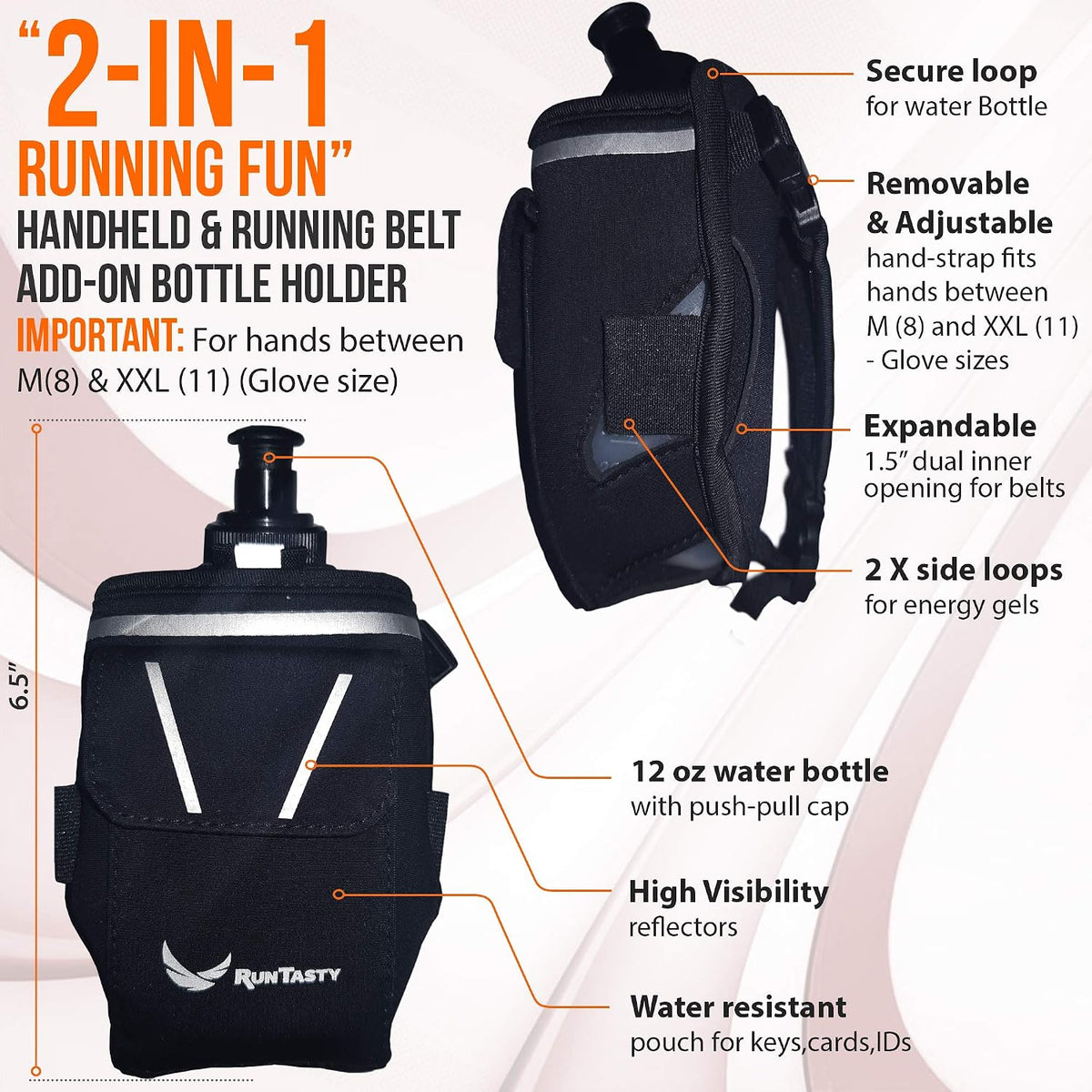 2-in-1 Running Fun: Handheld 12 Oz Water Bottle & Running Belt Add-On. No-Grip Design Straps on Hand & Slides on Belt. Waterproof Pocket for Money, Keys. Maximize Time, Freedom & Health