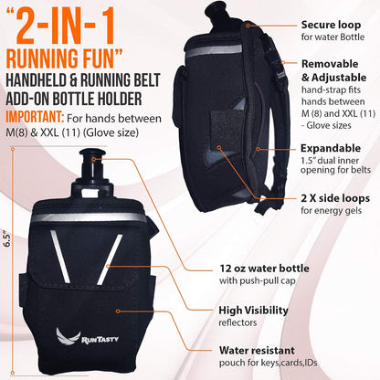 2-in-1 Running Fun: Handheld 12 Oz Water Bottle & Running Belt Add-On. No-Grip Design Straps on Hand & Slides on Belt. Waterproof Pocket for Money, Keys. Maximize Time, Freedom & Health