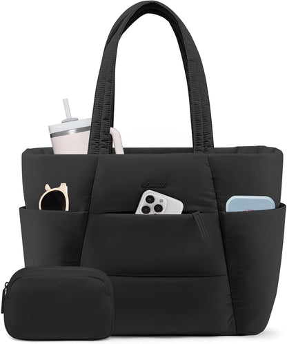 Puffer Tote Bag with 40oz Cup Holder Laptop Work Bag for Women | Lightweight Puffy Bag,Shoulder Bag for Teacher/Nurse,Includes Cosmetic Pouch,Everyday Carry & Travel Ready