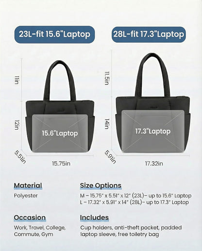 Puffer Tote Bag with 40oz Cup Holder Laptop Work Bag for Women | Lightweight Puffy Bag,Shoulder Bag for Teacher/Nurse,Includes Cosmetic Pouch,Everyday Carry & Travel Ready