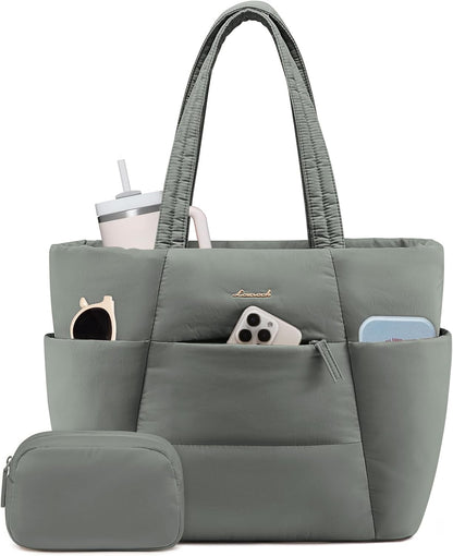 Puffer Tote Bag with 40oz Cup Holder Laptop Work Bag for Women | Lightweight Puffy Bag,Shoulder Bag for Teacher/Nurse,Includes Cosmetic Pouch,Everyday Carry & Travel Ready