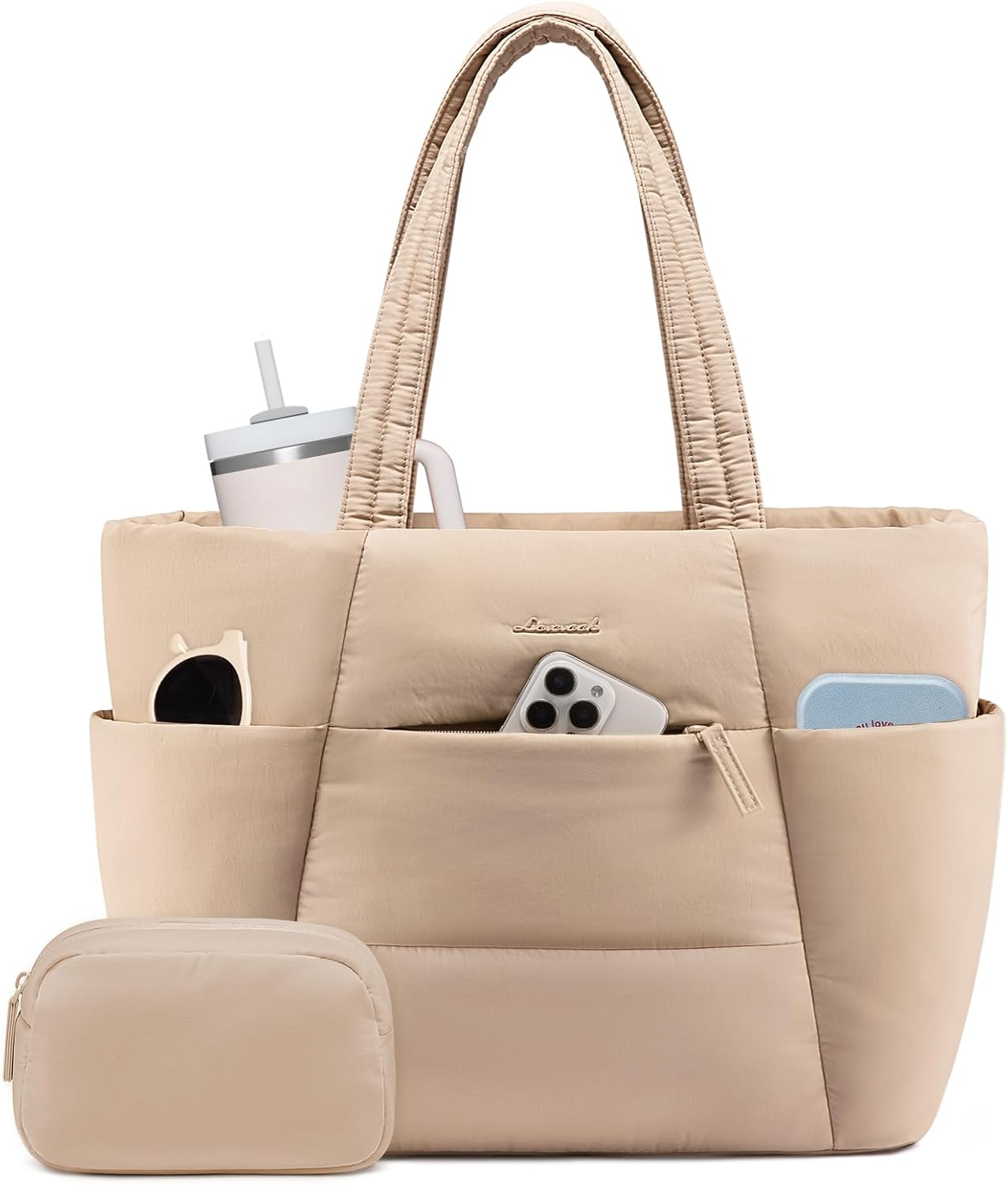 Puffer Tote Bag with 40oz Cup Holder Laptop Work Bag for Women | Lightweight Puffy Bag,Shoulder Bag for Teacher/Nurse,Includes Cosmetic Pouch,Everyday Carry & Travel Ready