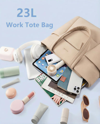 Puffer Tote Bag with 40oz Cup Holder Laptop Work Bag for Women | Lightweight Puffy Bag,Shoulder Bag for Teacher/Nurse,Includes Cosmetic Pouch,Everyday Carry & Travel Ready