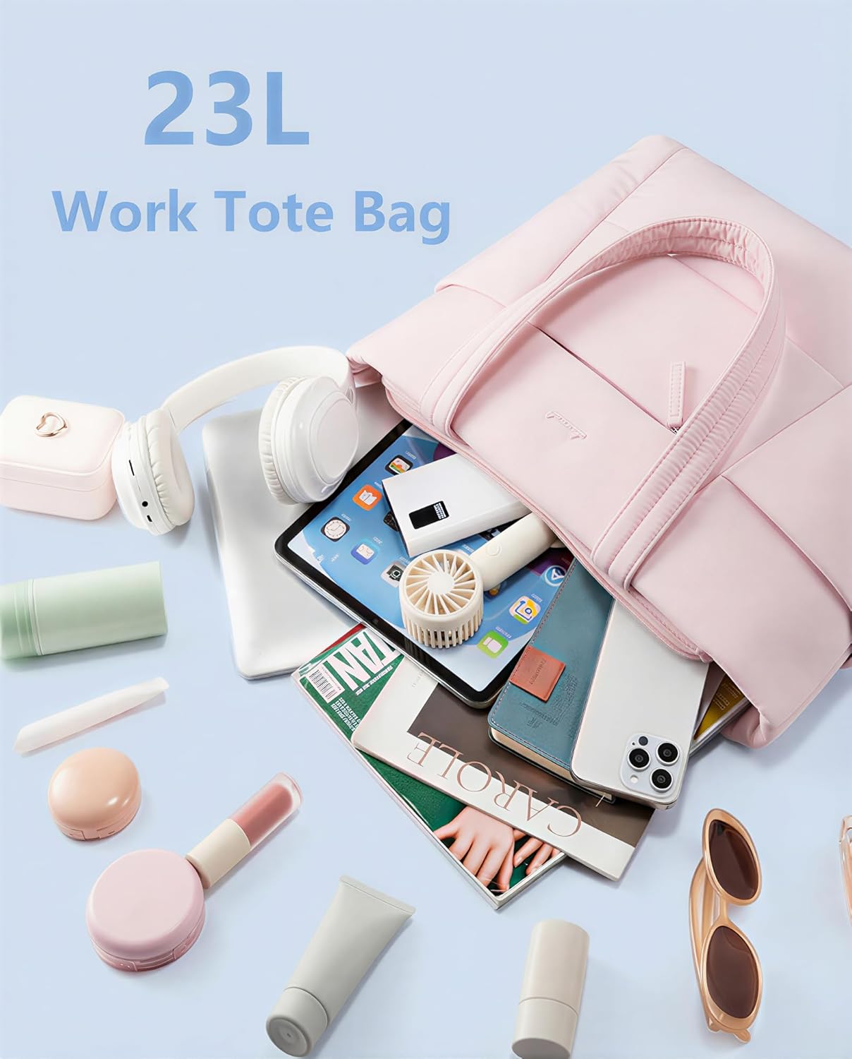 Puffer Tote Bag with 40oz Cup Holder Laptop Work Bag for Women | Lightweight Puffy Bag,Shoulder Bag for Teacher/Nurse,Includes Cosmetic Pouch,Everyday Carry & Travel Ready