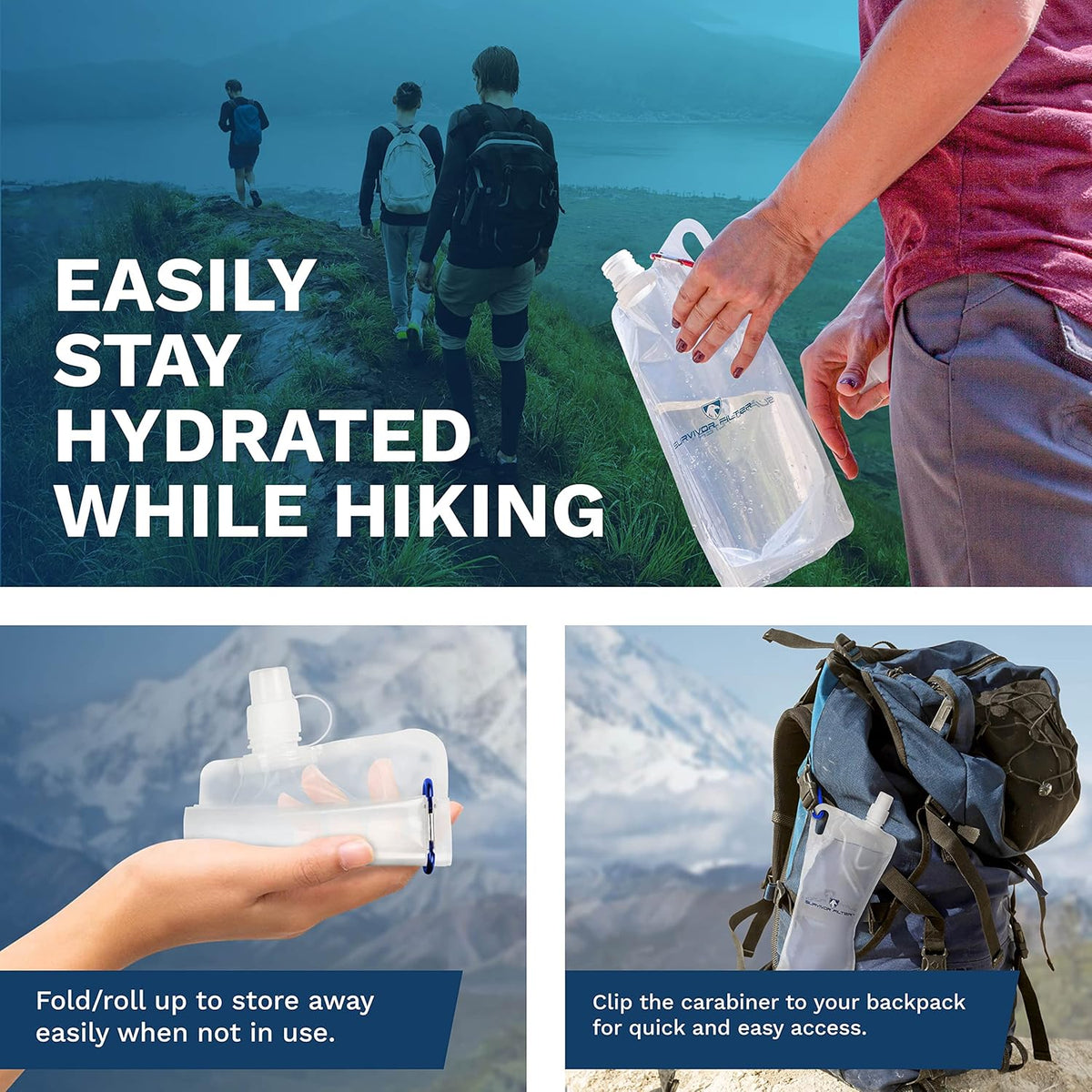 Clear Collapsible Water Bottles - Travel, Hiking, Foldable, BPA-Free - 2 x