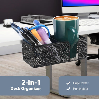 Under Desk Cup Holder, Clamp on Cup Holder Clip Desk Organizer Phone Stand | Desk organizer with pencil holder clamp on side, under desk hanging organizer storage, cup holder for desk phone stand holder