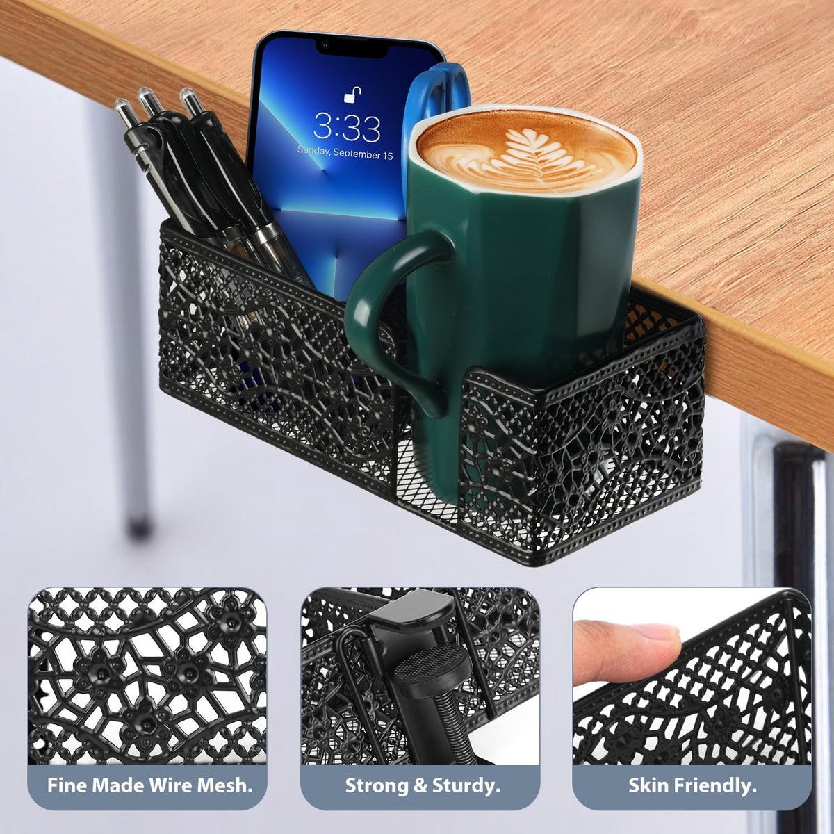 Under Desk Cup Holder, Clamp on Cup Holder Clip Desk Organizer Phone Stand | Desk organizer with pencil holder clamp on side, under desk hanging organizer storage, cup holder for desk phone stand holder