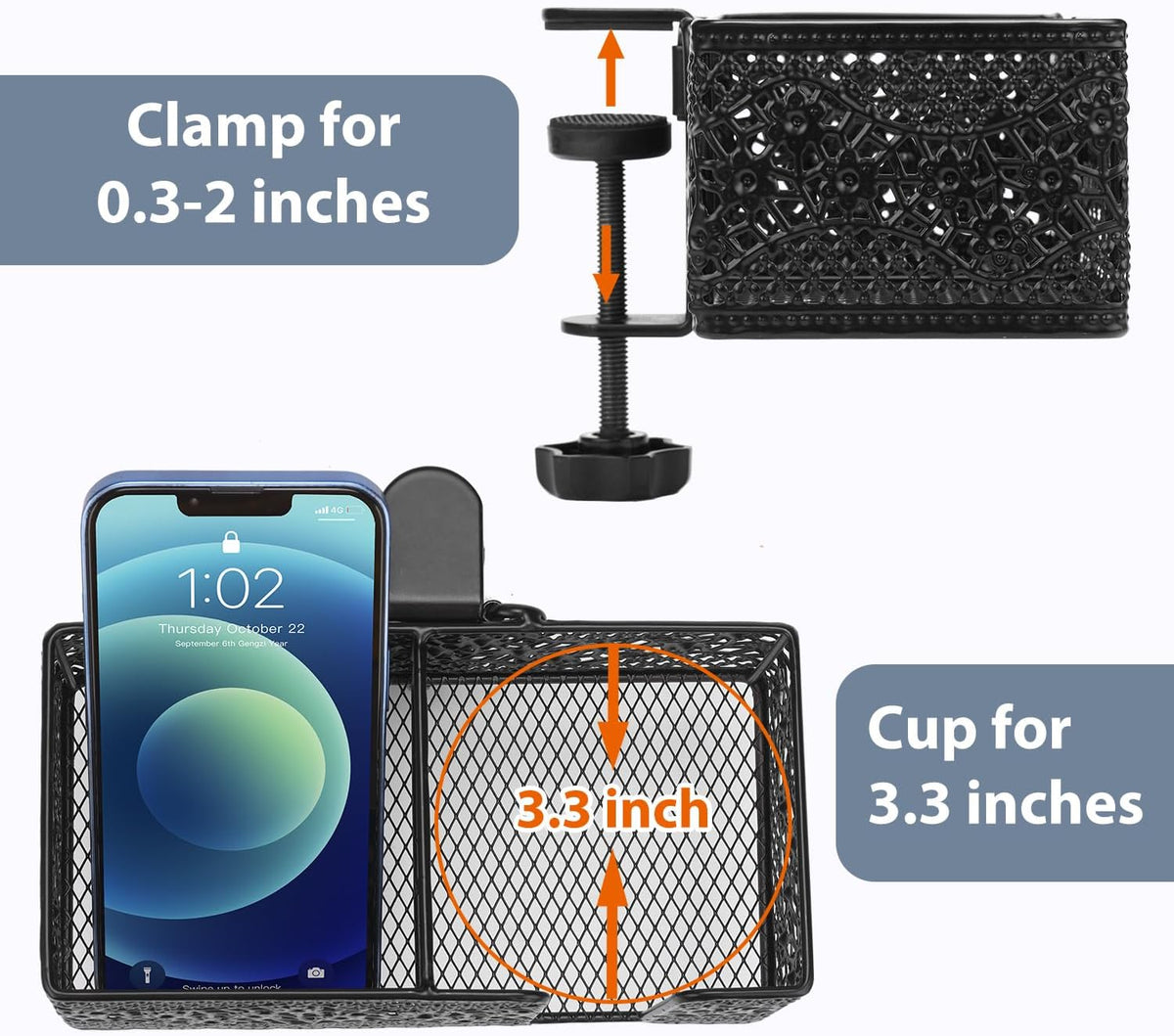 Under Desk Cup Holder, Clamp on Cup Holder Clip Desk Organizer Phone Stand | Desk organizer with pencil holder clamp on side, under desk hanging organizer storage, cup holder for desk phone stand holder