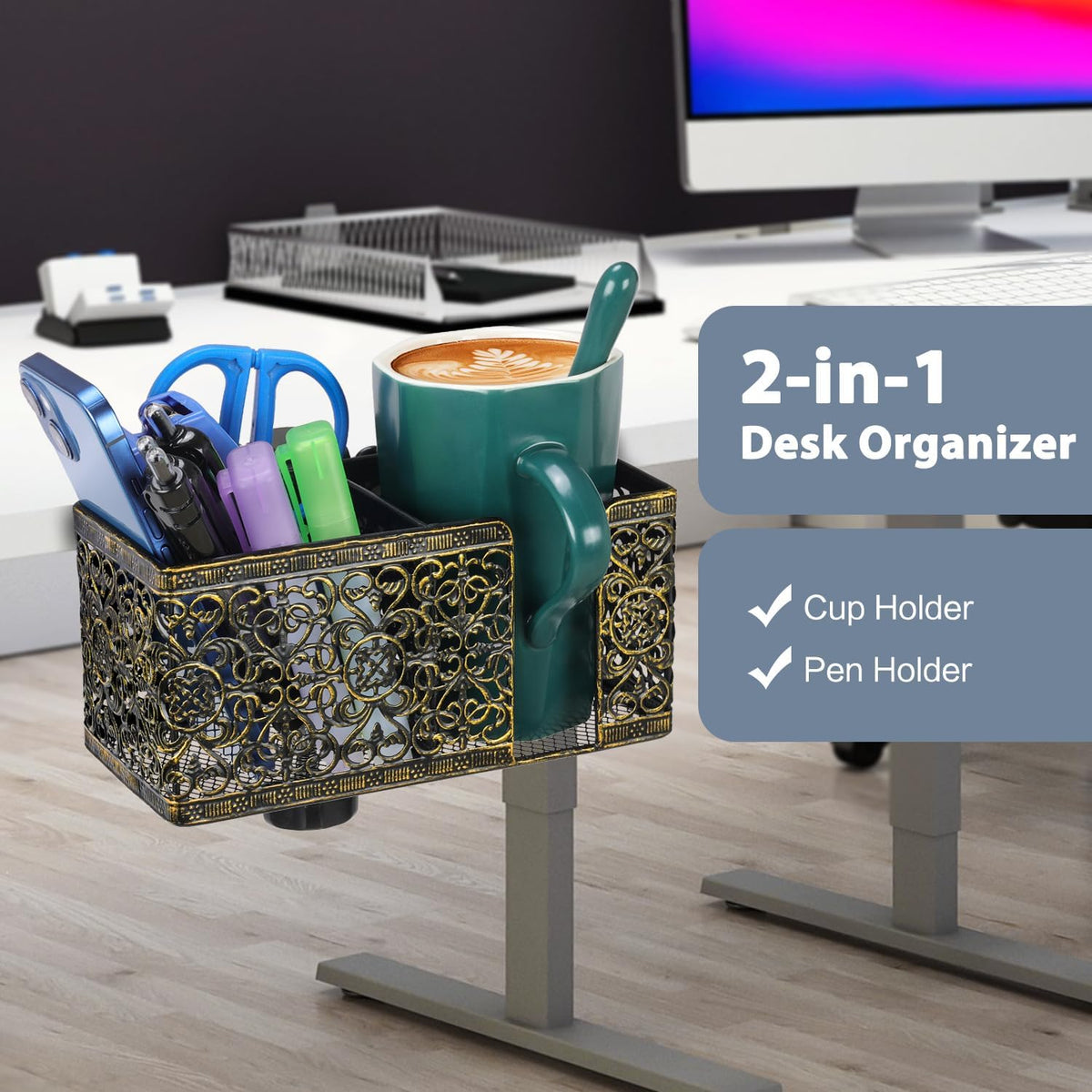 Under Desk Cup Holder, Clamp on Cup Holder Clip Desk Organizer Phone Stand | Desk organizer with pencil holder clamp on side, under desk hanging organizer storage, cup holder for desk phone stand holder