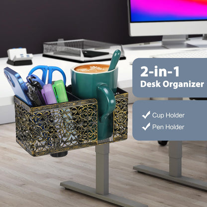 Under Desk Cup Holder, Clamp on Cup Holder Clip Desk Organizer Phone Stand | Desk organizer with pencil holder clamp on side, under desk hanging organizer storage, cup holder for desk phone stand holder