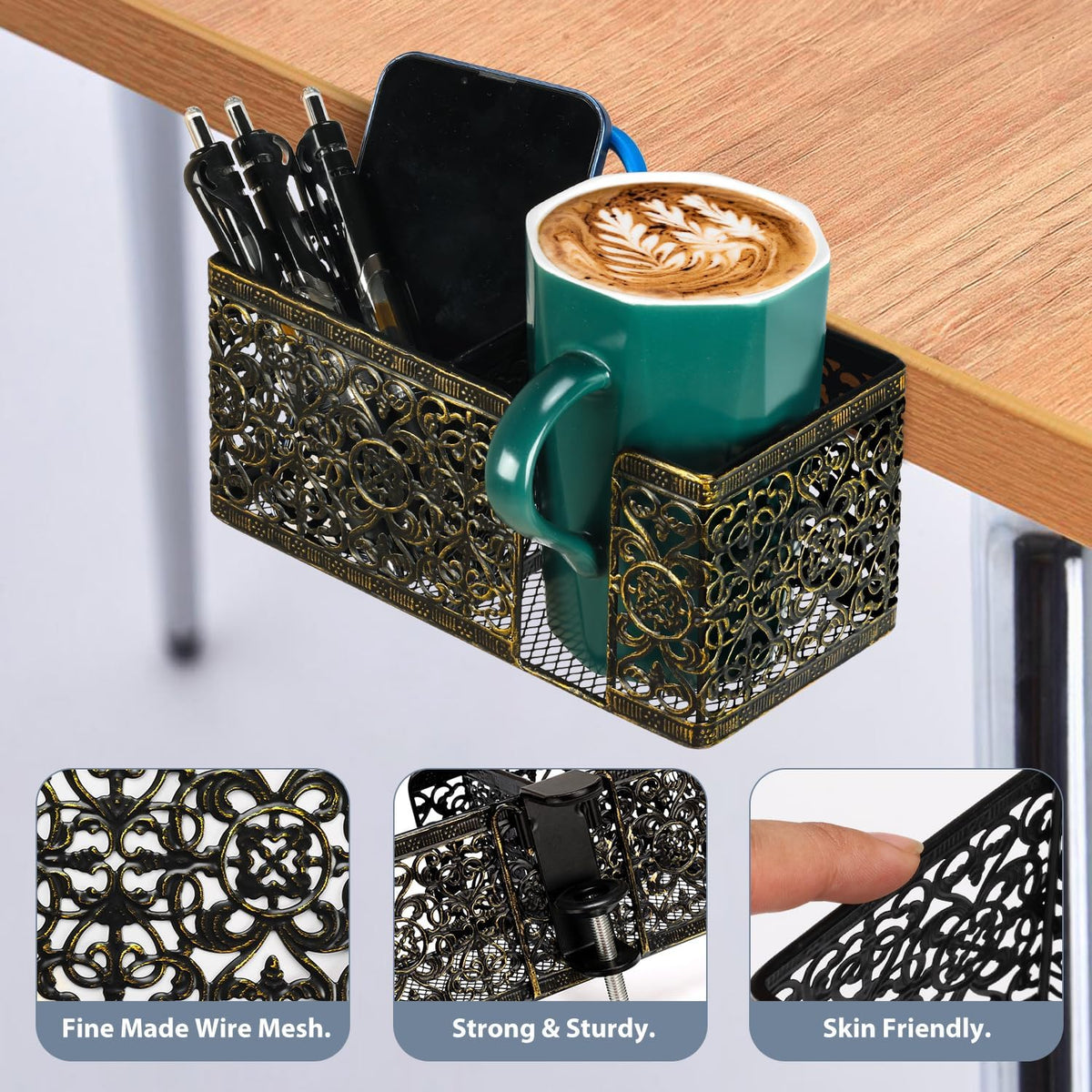 Under Desk Cup Holder, Clamp on Cup Holder Clip Desk Organizer Phone Stand | Desk organizer with pencil holder clamp on side, under desk hanging organizer storage, cup holder for desk phone stand holder