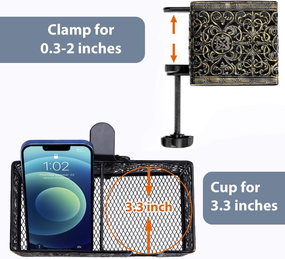Under Desk Cup Holder, Clamp on Cup Holder Clip Desk Organizer Phone Stand | Desk organizer with pencil holder clamp on side, under desk hanging organizer storage, cup holder for desk phone stand holder