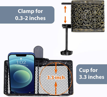 Under Desk Cup Holder, Clamp on Cup Holder Clip Desk Organizer Phone Stand | Desk organizer with pencil holder clamp on side, under desk hanging organizer storage, cup holder for desk phone stand holder