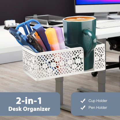 Under Desk Cup Holder, Clamp on Cup Holder Clip Desk Organizer Phone Stand | Desk organizer with pencil holder clamp on side, under desk hanging organizer storage, cup holder for desk phone stand holder