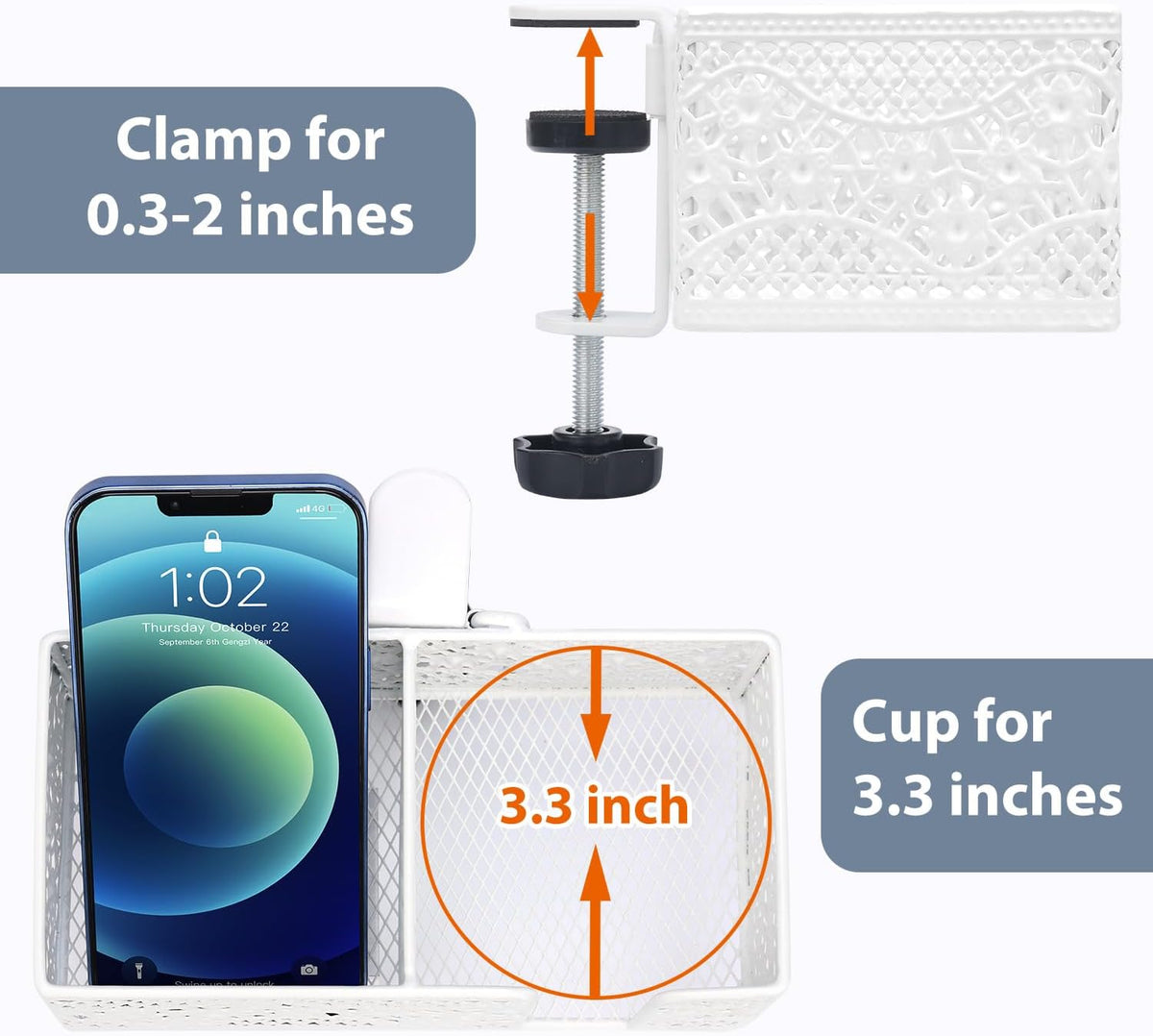Under Desk Cup Holder, Clamp on Cup Holder Clip Desk Organizer Phone Stand | Desk organizer with pencil holder clamp on side, under desk hanging organizer storage, cup holder for desk phone stand holder