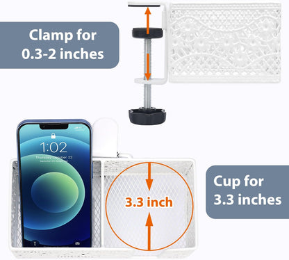 Under Desk Cup Holder, Clamp on Cup Holder Clip Desk Organizer Phone Stand | Desk organizer with pencil holder clamp on side, under desk hanging organizer storage, cup holder for desk phone stand holder