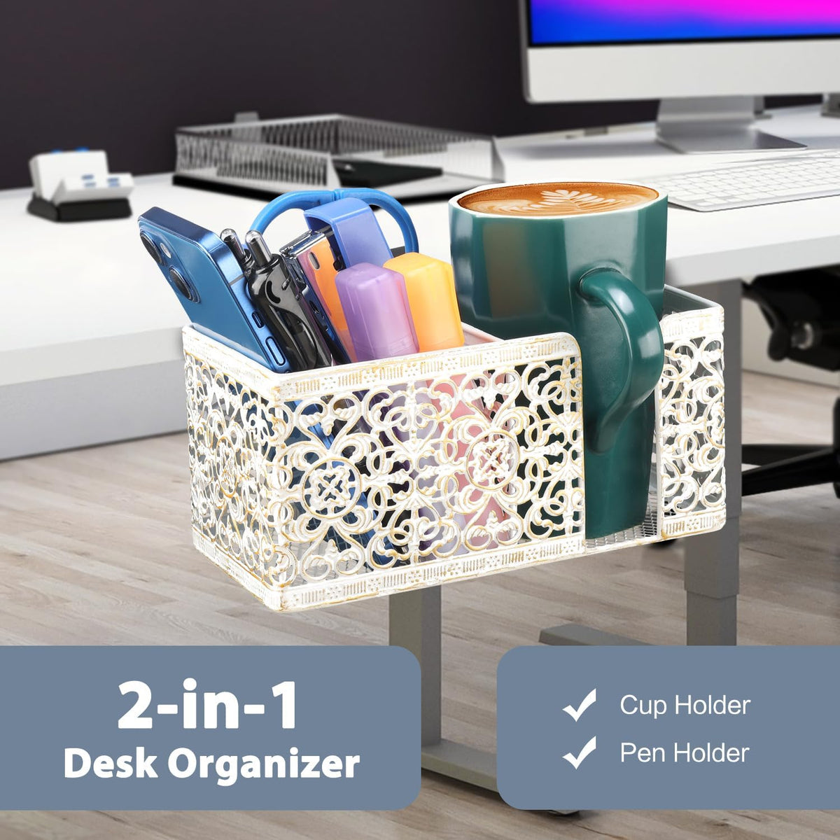 Under Desk Cup Holder, Clamp on Cup Holder Clip Desk Organizer Phone Stand | Desk organizer with pencil holder clamp on side, under desk hanging organizer storage, cup holder for desk phone stand holder