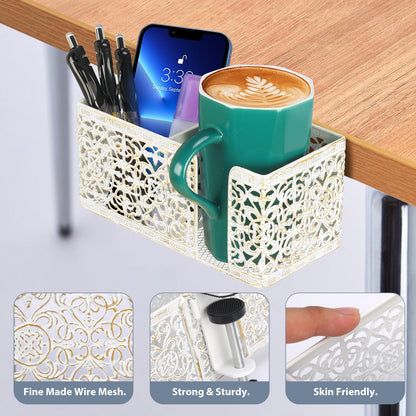 Under Desk Cup Holder, Clamp on Cup Holder Clip Desk Organizer Phone Stand | Desk organizer with pencil holder clamp on side, under desk hanging organizer storage, cup holder for desk phone stand holder