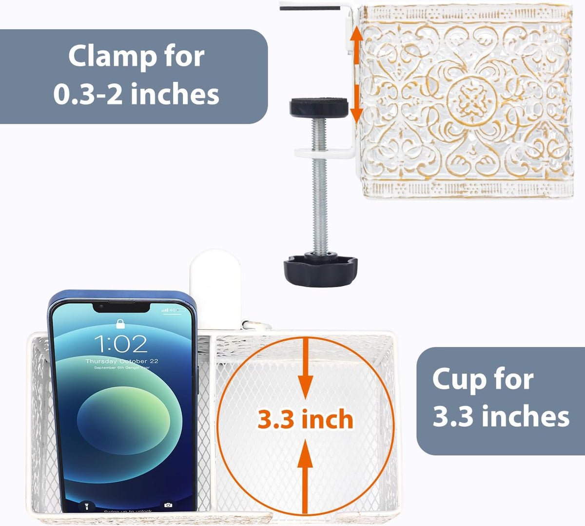 Under Desk Cup Holder, Clamp on Cup Holder Clip Desk Organizer Phone Stand | Desk organizer with pencil holder clamp on side, under desk hanging organizer storage, cup holder for desk phone stand holder