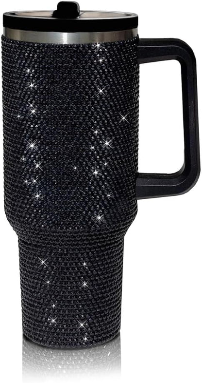 40 Oz Rhinestone Tumbler with Handle and Flip Straw | Insulated Stainless Steel Double Layer Bling Tumbler | Leak Proof Glitter Tumbler for Women | Reusable 1200ml Travel Bling Cups Pink