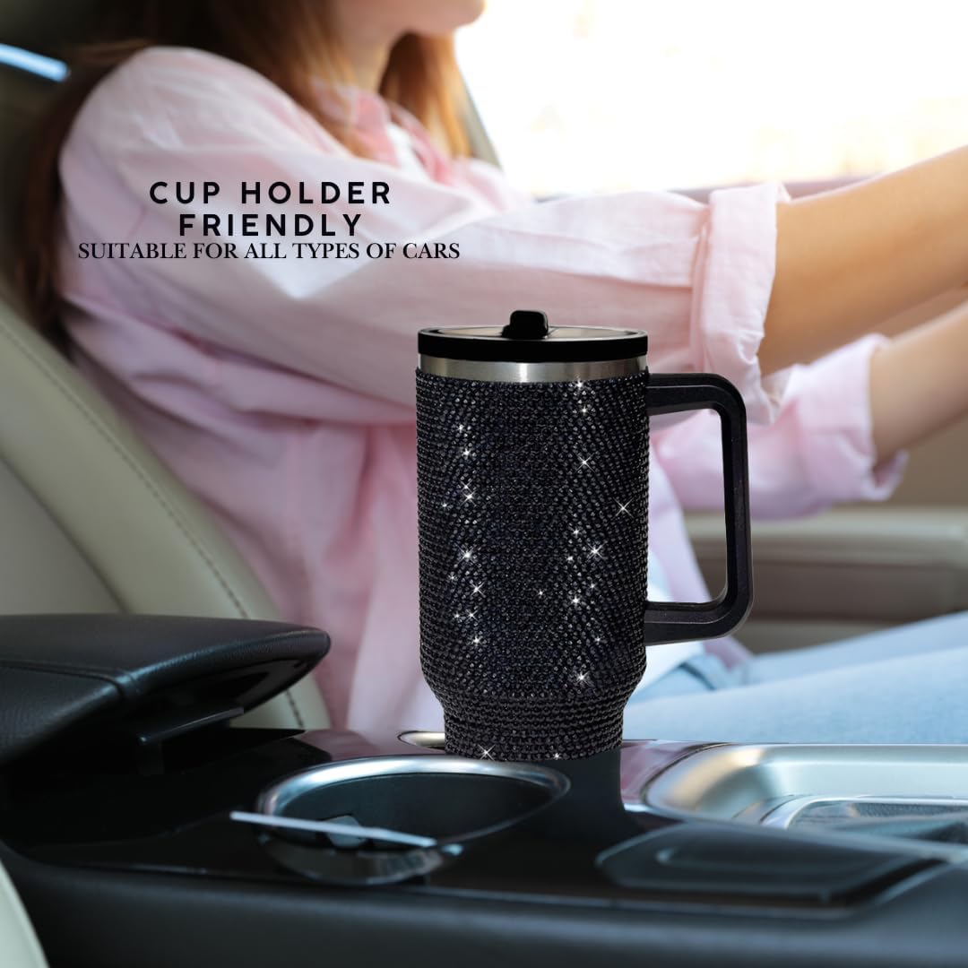 40 Oz Rhinestone Tumbler with Handle and Flip Straw | Insulated Stainless Steel Double Layer Bling Tumbler | Leak Proof Glitter Tumbler for Women | Reusable 1200ml Travel Bling Cups Pink
